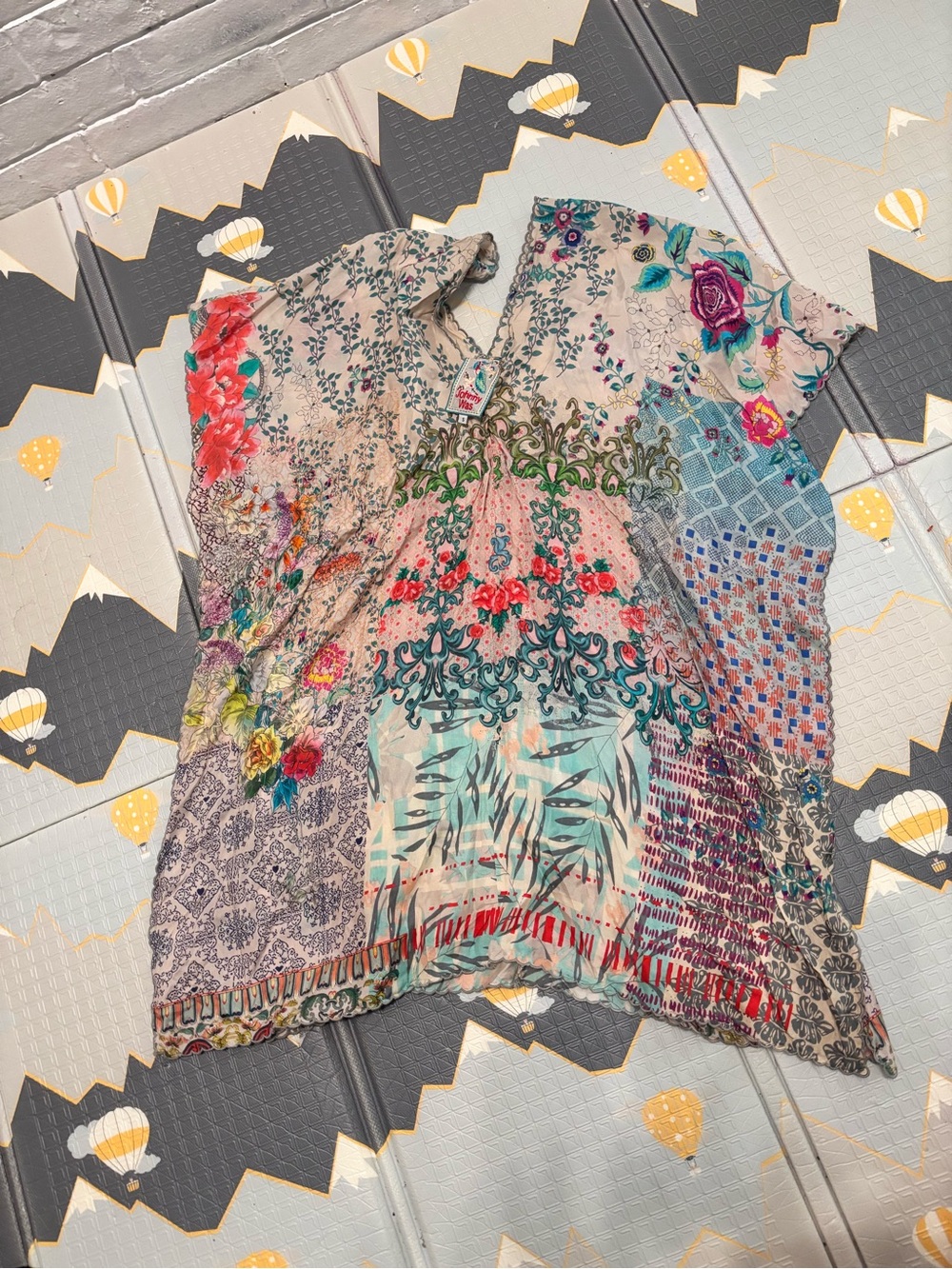 Johnny Was Multicolor Floral Patchwork V-Neck Tunic